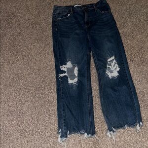 Classic Dark Blue Distressed Straight Leg Jeans